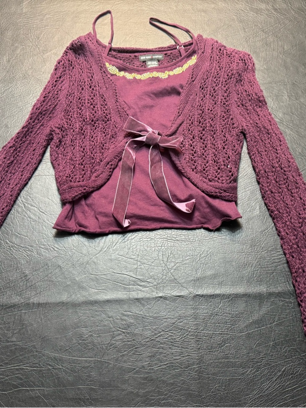 Y2K 2-Piece Plum Cami + Crochet Shrug Set Velvet Bow Coquette XS Cottagecore
